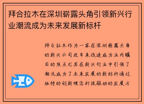 拜合拉木在深圳崭露头角引领新兴行业潮流成为未来发展新标杆