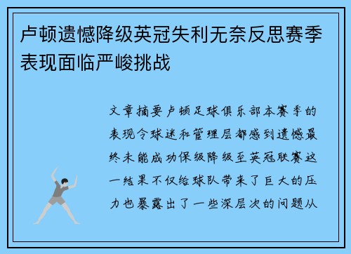 卢顿遗憾降级英冠失利无奈反思赛季表现面临严峻挑战